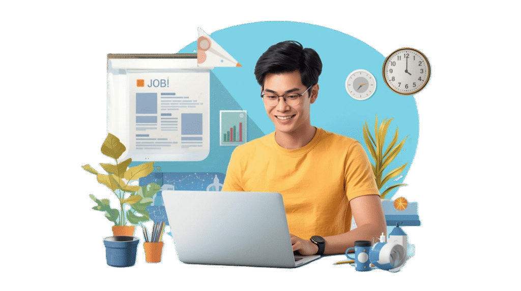  flat style illustration of a person checking job listings on a laptop, simple modern design, clean and minimal background, friendly colors. 