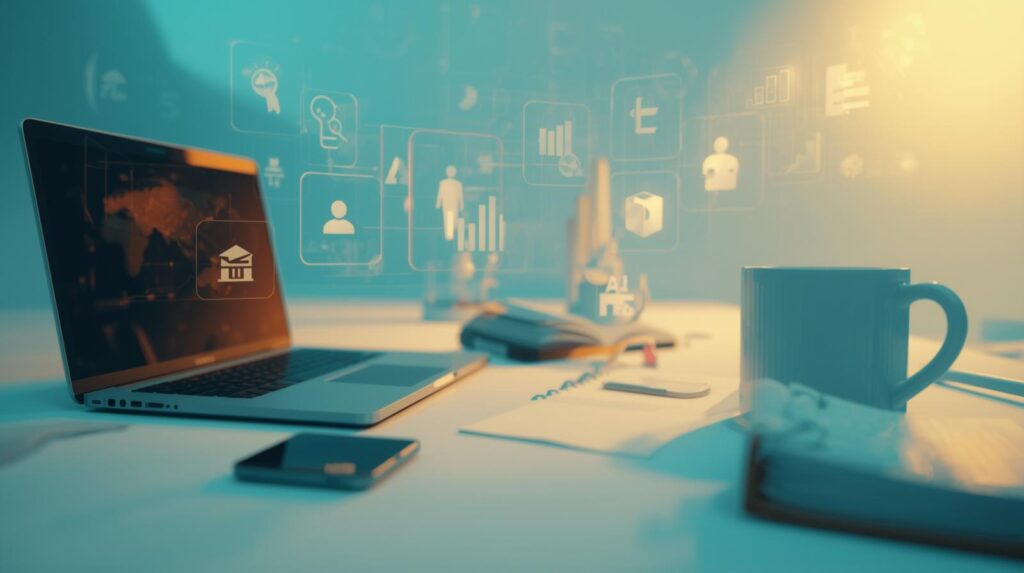 Realistic Digital Workspace With A Modern Laptop Coffee Cup Notebook And Subtle Icons Representing Jobs Blogs And Products Professional And Clean Setup Bright Yet Soft Color Palette With Blue And Green 2 2 1024x573